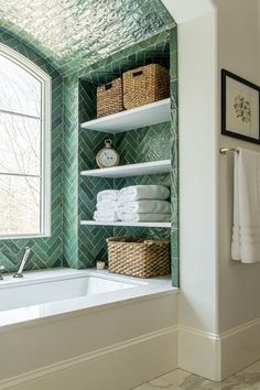 master bathroom tub, green tile, bathroom shelves, bathroom storage Master Drop In Tub, Built In Bath With Shower Over, Bathtub With Built In Shelves, Tub Nook, Boxed In Bathtub, Tile Accent Wall Bathroom Tub, Built In Tub Ideas, Bath Tub Renovation, Tub In Alcove