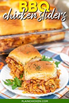 bbq chicken sliders on a white plate with parmesan bread in the background