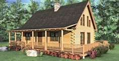 this is a computer rendering of a small log cabin house with porch and wraparound deck