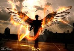 a man standing in front of a fire filled sky with an angel like design on his wings