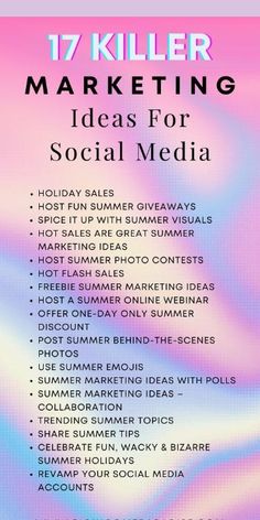 a pink and blue poster with the words 17 killer marketing ideas for social media on it