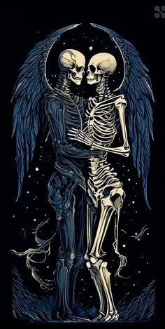 two skeletons hugging each other with wings