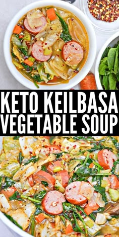 keto kielbasa vegetable soup in a white bowl with vegetables and seasonings