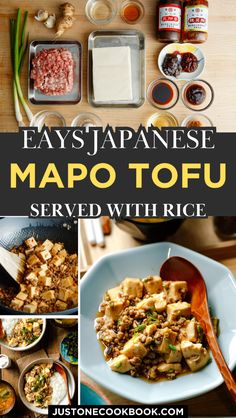 easy japanese mapo tofu served with rice and sauces on the side, along with other ingredients