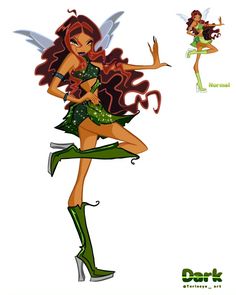 a woman dressed as a fairy with green and brown hair, standing in front of a white