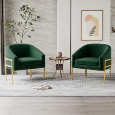 two green chairs sitting next to each other on top of a rug