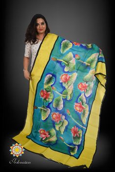 Hand painted floral silk painted dupatta on pure silk. hand made item. Floral Print Katan Silk Dupatta, Green Chanderi Dupatta With Digital Print, Green Summer Dupatta With Digital Print, Multicolor Printed Silk Dupatta, Summer Floral Print Chanderi Dupatta, Multicolor Silk Dupatta With Digital Print, Yellow Silk Dupatta With Floral Print, Summer Chanderi Dupatta With Floral Print, Silk Dupatta With Multicolor Digital Print