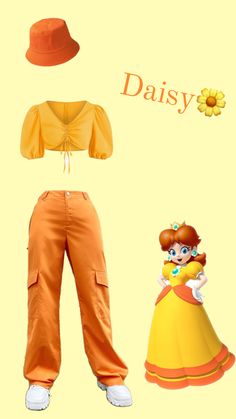 an orange outfit and hat with the words daisy written on it's chest, in front of a yellow background