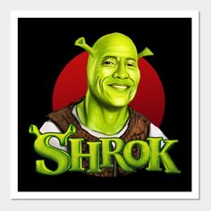 a sticker with the words shrok in green and an image of a smiling man