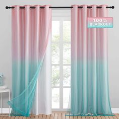 the curtains in this room are ombreed with blue and pink colors on them