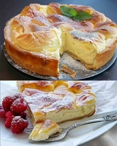 there is a pie on the plate with raspberries next to it and another one has a slice taken out