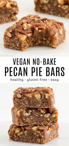 vegan no - bake pecan pie bars stacked on top of each other