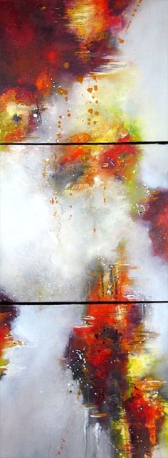 an abstract painting with red, yellow and white colors on wood paneled wall art