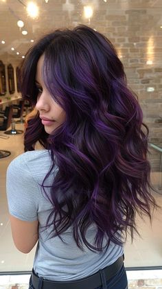 30 Balayage Hair Color Ideas to Brighten Your 2024 Look Dark Brown Purple Hair Ombre, Highlights Color Ideas For Black Hair, Eggplant Bayalage Hair, Dark Brown To Purple Balayage, Galaxy Bayalage Hair, Hair Color Ideas With Dark Base, Purple Balayage On Dark Hair, Black With Violet Highlights, Purple Balayage Long Hair