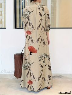 Olivia Mark - Floral Print Button Front Maxi Dress, Casual Long Sleeve Dress, Women's Clothing Sundress Casual, Maxi Shirts, Cotton Linen Dresses, Color Champagne, Long Dress Casual, Maxi Shirt Dress, Linen Maxi Dress, Printed Shirt Dress, Vestidos Vintage