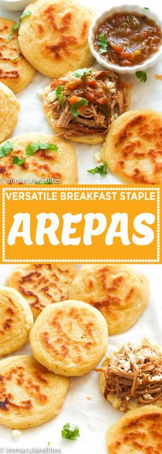 several different types of breads with the words, versatte breakfast staple arepa's