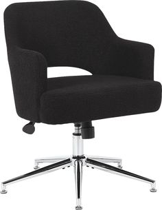 a black office chair with chrome legs and casteors