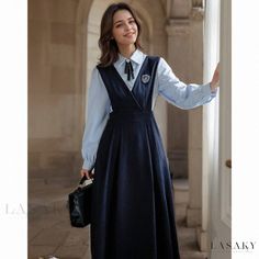 Lasaky - A set of College-style Uniform Dress with Suspender Skirt and Shirt Blue Suit With Bow Tie, Skirt With Suspenders Outfits, Suspenders Outfits, Suit With Bow Tie, Private School Uniforms, Style Uniform, Bow Tie Suit, Go Back To School, Uniform Dress