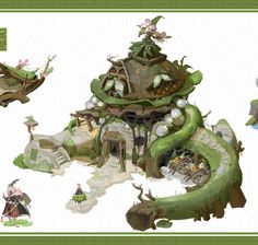 the concept art for an animated game is shown in green and white colors, with lots of plants growing out of it