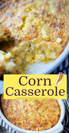 corn casserole in a white dish with the title overlay