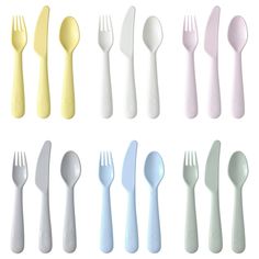 a group of different colored plastic forks and spoons