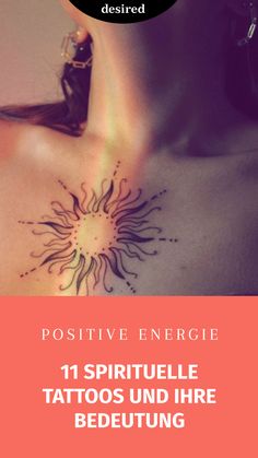 the back of a woman's chest with tattoos on it and text that reads positive energy