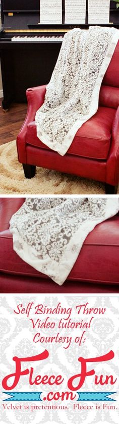 a red chair with a white blanket on it in front of a piano and coffee table