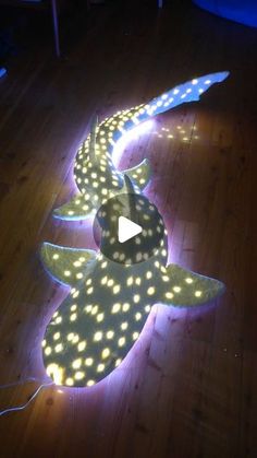 a large light up fish sitting on top of a wooden floor