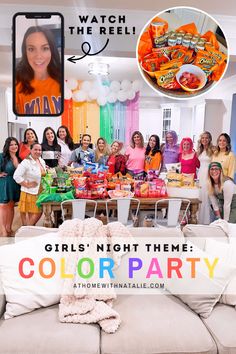 a group of women standing in front of a table full of food and drinks with the caption girls night theme color party