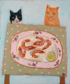 two cats are sitting at a table with shrimp and lemons on it, one cat is looking over the edge