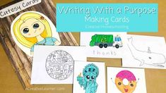 some cards that have pictures of different things on them and the words writing with a purpose