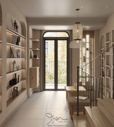 an entry way with stairs and shelves filled with vases, bookshelves and other items