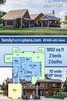 two story house plan with 3 beds and 2 baths in the front, an open floor plan