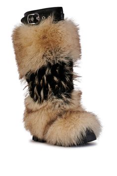 Elevate your style with the ANISA-BROWN FLAT BOOT. Crafted from black faux leather, these knee high boots feature a chunky sole that provides subtle height. The brown faux fur overlay on the shaft adds a luxurious touch, perfect for completing any stylish look. Brown Flat Boots, Black Fur Boots, Faux Fur Wrap, Pacific Islander, Azalea Wang, Fur Wrap, Faux Fur Boots, Brown Flats, Fur Boots