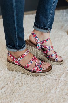 Corky's All Nighter Wedge Sandals- Red Mini Floral