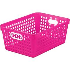 a pink plastic basket with holes on the side