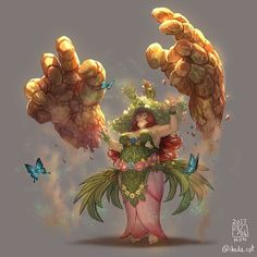 a digital painting of a woman with flowers on her head and hands in the air