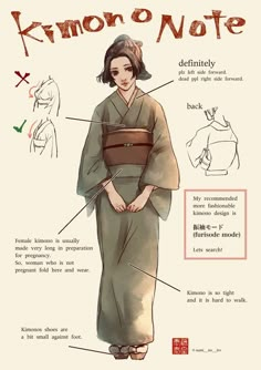 a woman in a kimono with instructions on how to wear the kimono note