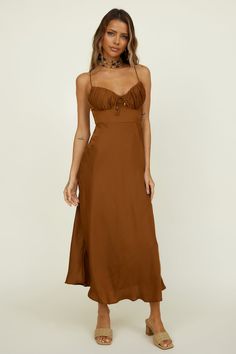 Awakenings Maxi Dress Brown | Fortunate One Slip Midi Dress, Bandeau Maxi Dress, Knit Maxi Skirt, Strapless Maxi Dress, In Full Bloom, Lace Maxi, Lace Maxi Dress, Side Split, White Maxi Dresses