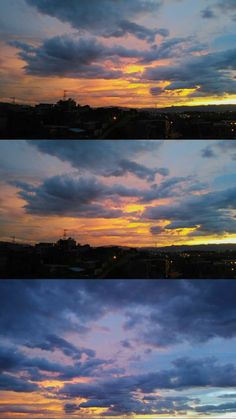 three pictures of the sky at different times of day and night, with clouds above them