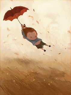 a little boy flying through the air while holding an umbrella