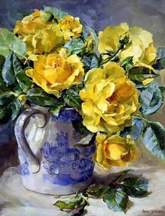 a painting of yellow roses in a blue and white vase