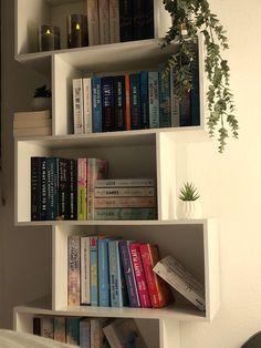 a white shelf filled with lots of books next to a potted plant on top of a bed