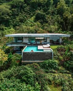 an aerial view of a house with a pool in the foreground and lush vegetation surrounding it