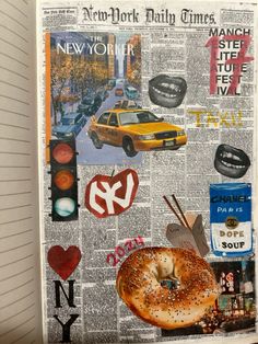 a newspaper with an image of a donut and other things on it, including the new york times