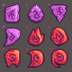 pixel art style icons with different shapes and colors, including oranges, purples, and