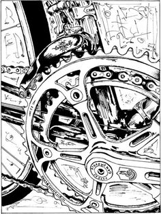 an ink drawing of the inside of a motorcycle wheel