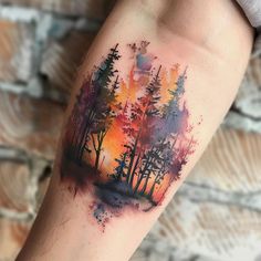 Forest Tattoo Artistry Set Night Sky Upper Arm Tattoo, Tattoos For Redheads, Connected Tattoo Ideas, Fire Tattoo Designs For Women, Northwoods Tattoo, Forest Tattoos Women, Tree And Mountain Tattoo, Fall Inspired Tattoos, Pacific Northwest Tattoo