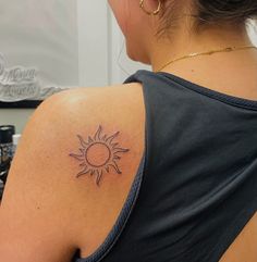 Sun Tattoo on left side of back Sun Tattoo On Back Of Shoulder, Sun Tattoo Medium, Sun Drop Flower Tattoo, Sun Tattoo Back Shoulder, Sunshine Tattoo Shoulder, Apollo Sun Tattoo, Upper Back Shoulder Tattoo For Women, Sun Tattoo Shoulder For Women, Sun Tattoo Placement Ideas