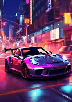 a purple sports car driving down a city street at night with neon lights on the buildings